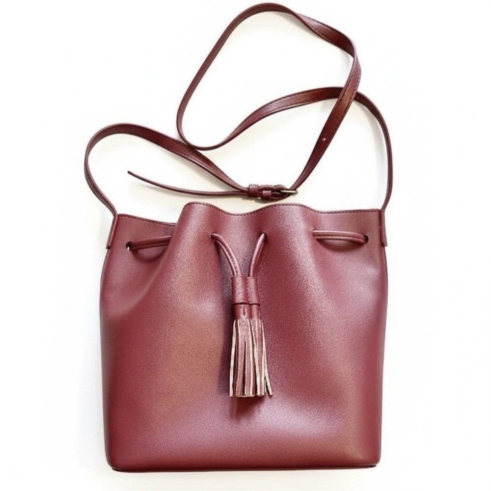 J. Crew Factory Burgundy Drawstring Crossbody Bucket Bag Tassel Maroon Wine - Picture 2 of 8